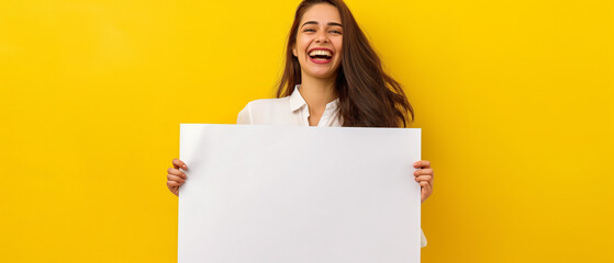Mulher sorrindo segurando uma placa em branco isolada no fundo amarelo - obrazy, fototapety, plakaty