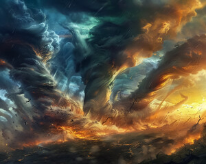 Play with the juxtaposition of chaos and calm in a depiction of tornadoes Close up