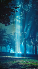 Pulsar beams casting a magical glow on a park at night Close up