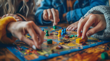 People playing a colorful board game on a table.