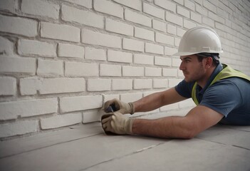 Worker puts a white brick on a construction site