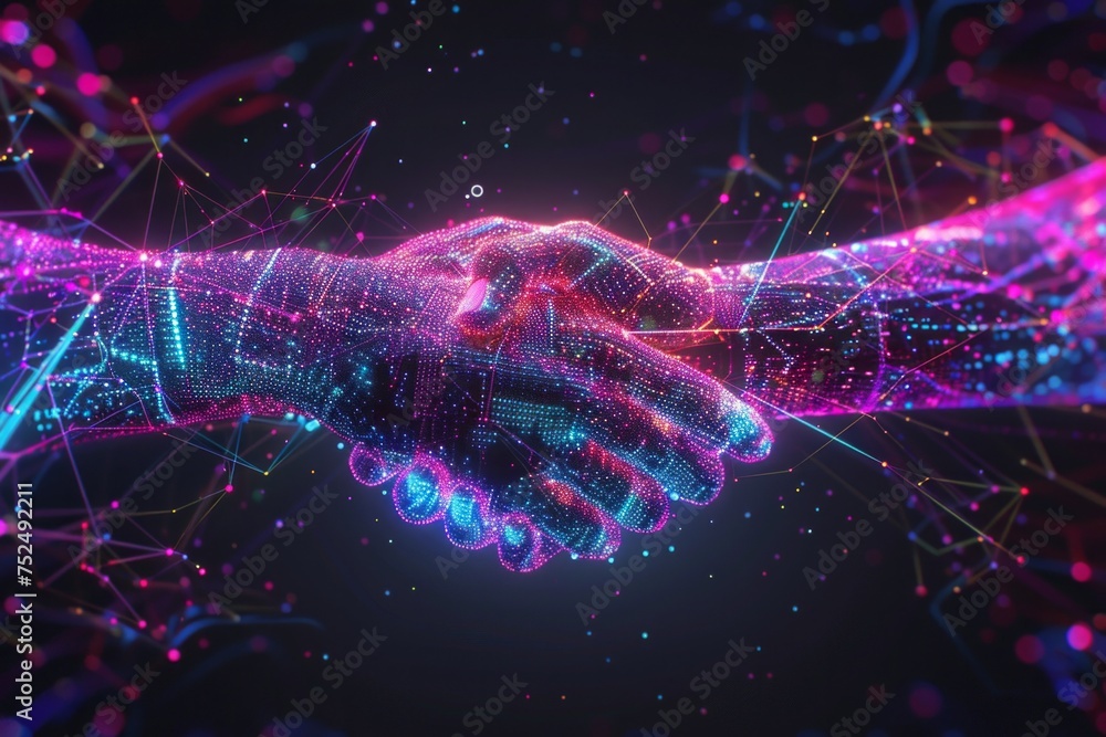 Poster a digital representation of a handshake with glowing neon lines and particles.