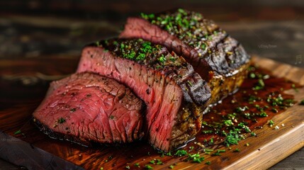 Grill Masterpiece - Two succulent pieces of roast beef, expertly grilled to perfection, showcased from a side angle. Crispy skin and fresh color pop