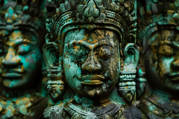 Fototapeta na wymiar Weathered patina on the gates of a mysterious jungle temple Close up