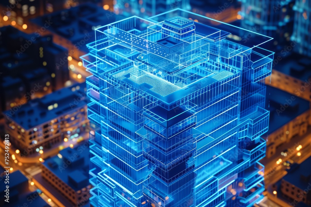 Poster a holographic projection of a modern building architecture design.
