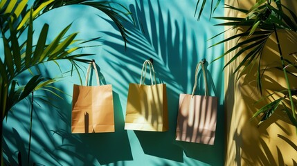 Trzy torby na zakupy wisi na ścianie obok palmy w tropikalnym klimacie. Torby są wykonane z papieru w naturalnym kolorze. - obrazy, fototapety, plakaty