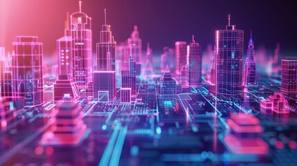 Nowoczesne cyfrowe miasto z wieloma wysokimi budynkami i neonowymi światłami styl cyberpunk