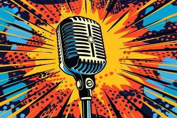 A stylized illustration of a classic microphone against a pop art background with a halftone pattern and a vibrant explosion of colors. - obrazy, fototapety, plakaty