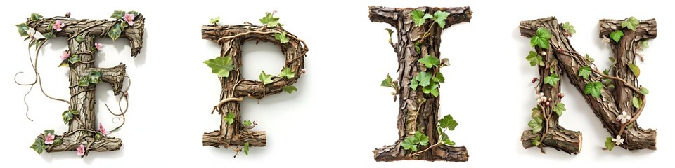 Alphabet letters F, P, I, N made of branches with green leaves