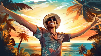 Illustration of a happy young guy taking a selfie on the background of the sea - obrazy, fototapety, plakaty