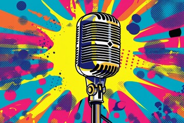A stylized illustration of a classic microphone against a pop art background with a halftone pattern and a vibrant explosion of colors.