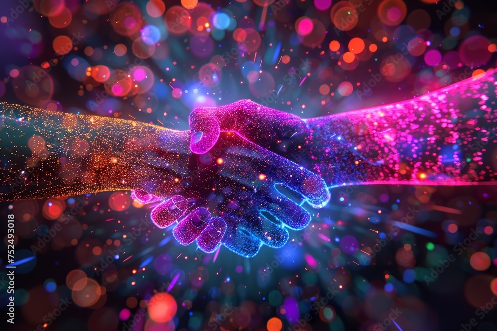 Poster digital representation of a handshake with glowing neon outlines and particles.