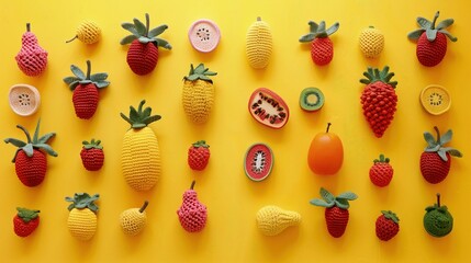 Na żółtym tle znajduje się grupa zrobionych na drutach różnorodnych owoców ułożonych w ładny sposób. - obrazy, fototapety, plakaty