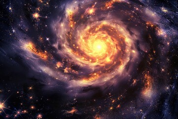 Illustration of a spiral galaxy with bright star clusters.