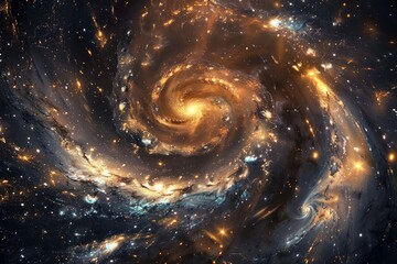 Illustration of a spiral galaxy with bright star clusters.
