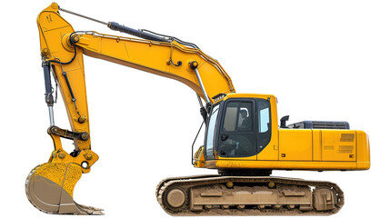 Yellow excavator on white or transparent background