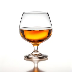 Elegant glass of amber-colored whiskey with a smooth reflection on white background