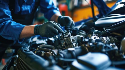With skilled hands and unwavering focus, the auto repair master meticulously tends to a car engine at the forefront of the auto service, exemplifying dedication to automotive excellence.
