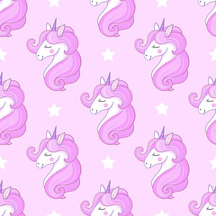 Seamless pattern with a unicorn head with a pink mane isolated on a magical pink background. For fabric design, prints, posters, wrapping paper, scrapbooking. Vector illustration