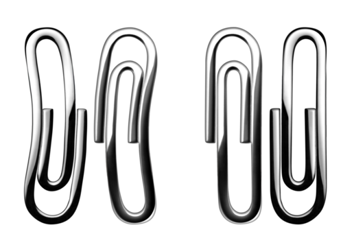 Diferentes clips plateados. Curvos o rectos, aislados con fondo transparente