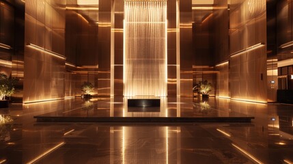 A huge stainless steel metal square in the center of the hotel lobby
