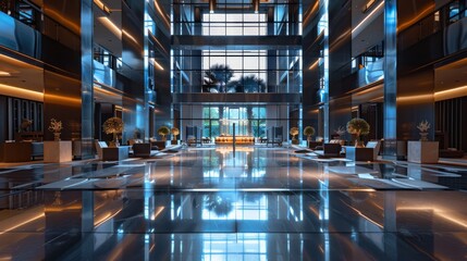 A huge stainless steel metal square in the center of the hotel lobby
