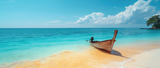 Turquoise Waters Boat on Beach with Sky and Sand seaview beautiful background banner