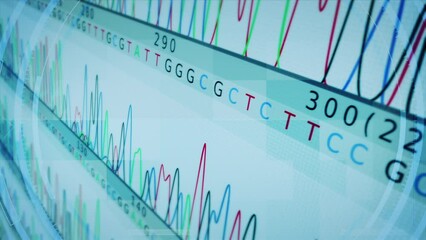 Abstract DNA Genomic Information Processing By Virtual, Artificial Intelligence. Map and Genome Sequence Analyze. ACGT - Powered by Adobe