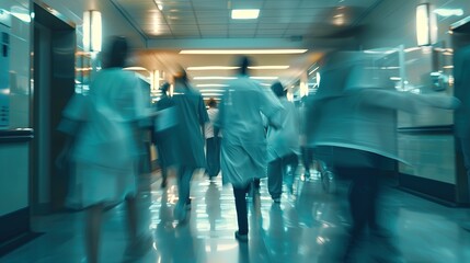 Grupa lekarzy ubranych w białe fartuchy przechadza się po korytarzu szpitalnym, w tle widać poruszających się pacjentów i personel medyczny.