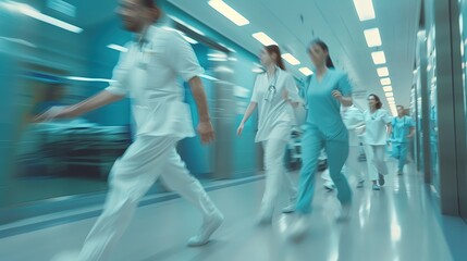 Grupa lekarzy ubrana w białe fartuchy i codzienne stroje spaceruje po korytarzu szpitalnym. Mają skupione miny i rozmawiają na temat pacjentów. - obrazy, fototapety, plakaty