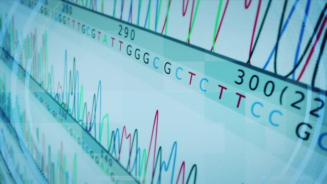 Abstract DNA Genomic Information Processing By Virtual, Artificial Intelligence. Map and Genome Sequence Analyze. ACGT