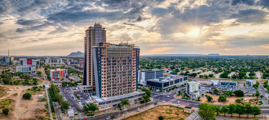 aerial view CBD , Gaborone, Botswana, intersection and cars, at sunset