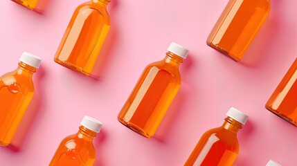 Na różowym tle ustawiona jest grupa butelek wypełnionych pomarańczowym płynem, które posiadają puste etykiety. Kompozycja prezentuje kontrastowe połączenie kolorów.