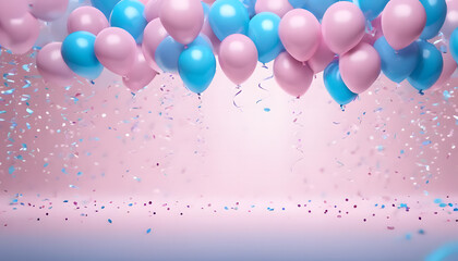 pink and blue balloons, confetti and streamers as a decorations, copy space birthday party balloons decoration or a baby shower party