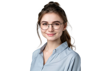 Studio portrait of a beautiful young Caucasian Americana business woman wear glasses and casual shirt with an attractive smile, isolated on transparent png background.