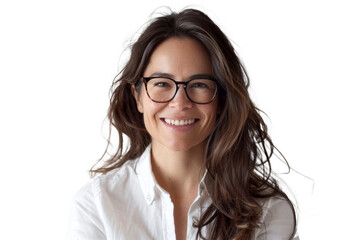 Obraz premium Studio portrait of a beautiful young Caucasian Americana business woman wear glasses and casual shirt with an attractive smile, isolated on transparent png background.
