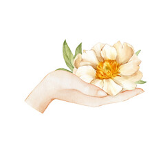 Hand with white peony. All elements are hand-drawn in watercolor and isolated on a white background
