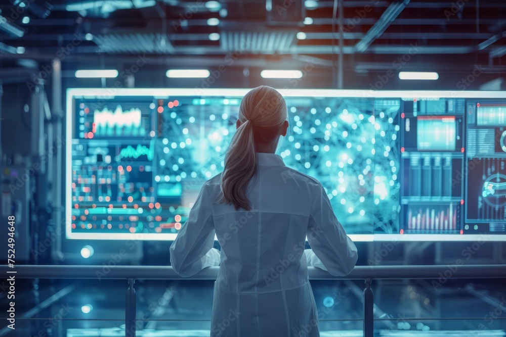 Aufkleber scientist standing in front of a digital interface in a futuristic lab.