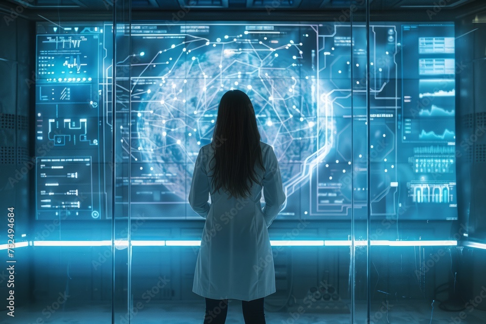 Aufkleber scientist standing in front of a digital interface in a futuristic lab.