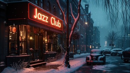 Zimową ulicę z zaparkowanymi samochodami po bokach. Na tle jest neonowa tablica jazzowego klubu, która daje ciepłe światło. - obrazy, fototapety, plakaty
