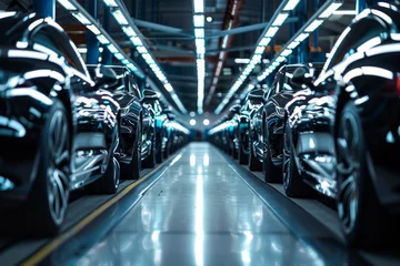 Fotobehang Automotive factory with rows of cars and futuristic lighting. © ParinApril