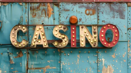 Znak z napisem Kasyno , CASINO umieszczony na bocznej ścianie budynku. Znak wykonany w starym stylu, z żarówkami i przetrąconym drewnem. - obrazy, fototapety, plakaty