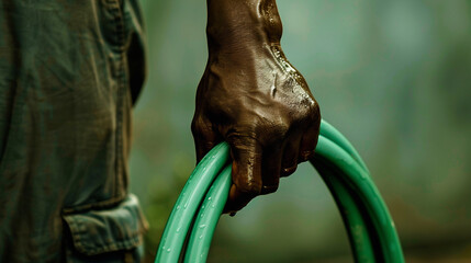 Hand Of A Black Man Holding A Water Hose