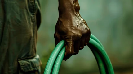 Cercles muraux Kaki Hand Of A Black Man Holding A Water Hose