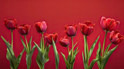 A minimalist arrangement of tulips on a bold red background. Capturing the essence of clean lines and subtle beauty