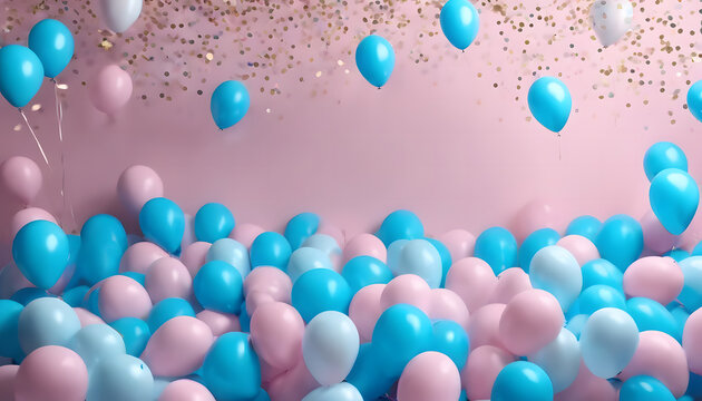 pink and blue balloons, confetti and streamers as a decorations, copy space birthday party balloons decoration or a baby shower party
