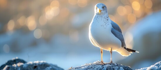 Majestic seagull standing gracefully on a snow-covered rock in serene winter landscape - Powered by Adobe