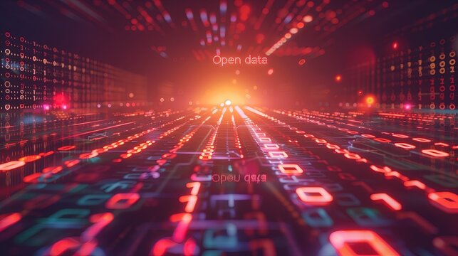W ciemnym pomieszczeniu widoczny jest ogromny zbi&oacute;r liczb OPEN DATA, kt&oacute;re tworzą wz&oacute;r na tle kodu binarnego. Liczby są widoczne dzięki podświetleniu, tworząc interesujący efekt wizualny.