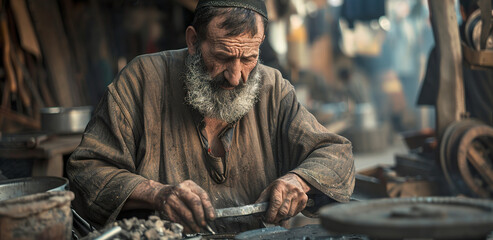 Illustration of a Jewish blacksmith working in the Jewish market in the period of Jesus Christ. Jewish worker with focus on his hands working on a metal. - obrazy, fototapety, plakaty
