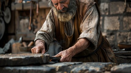 Illustration of a Jewish blacksmith working in the Jewish market in the period of Jesus Christ. Jewish worker with focus on his hands working on a metal.